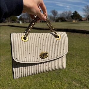 Coach Cream Quilted Shoulder Bag with Gold Chain and gold rivets